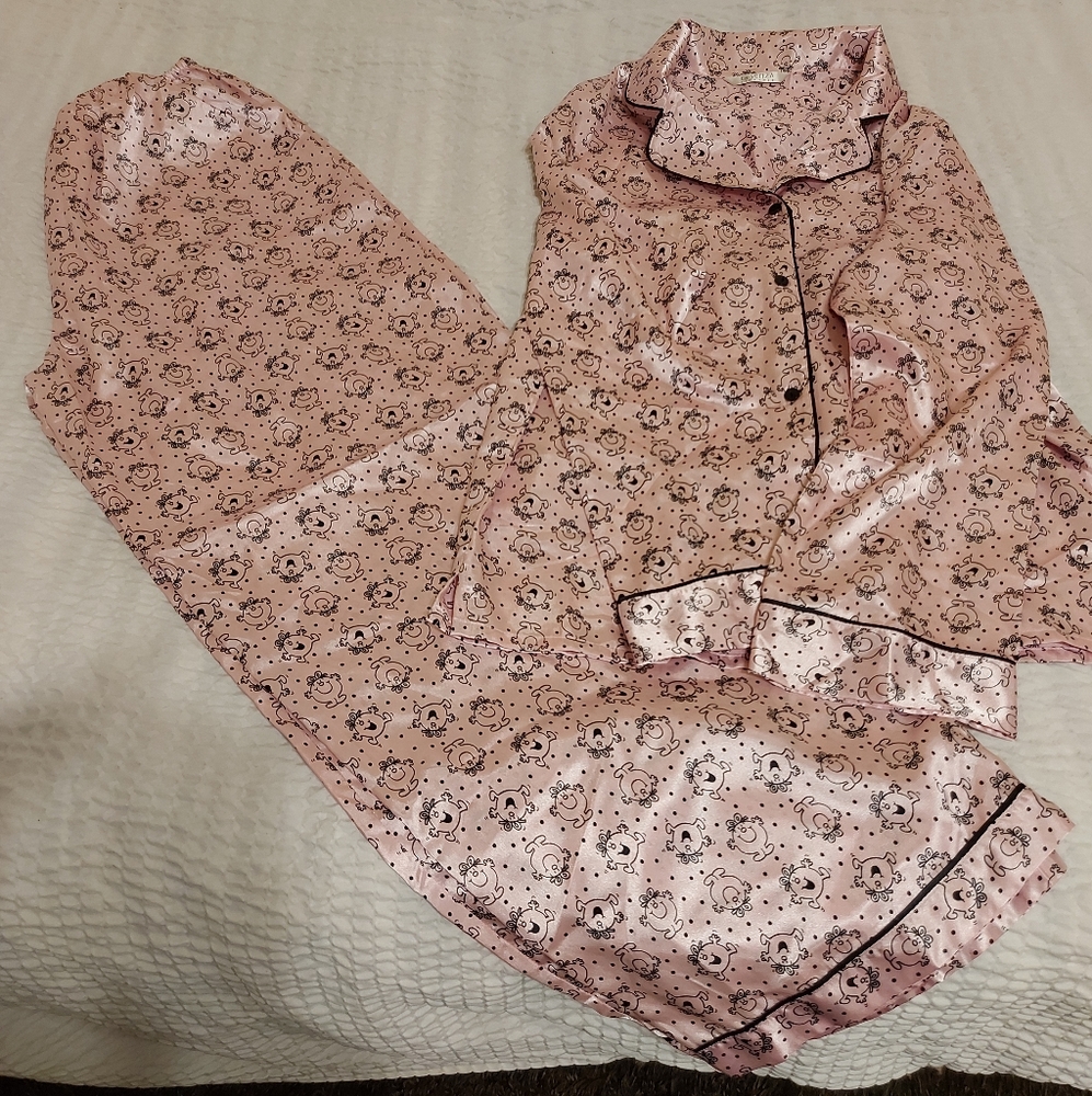 La SENZA Pink Satin Pajama Top with Black Trim and Cute Face Print - Picture 4 of 6